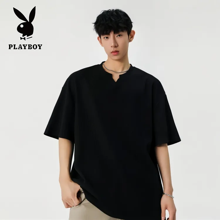 PLAYBOY/花花公子青年男士短袖t恤夏季美式休闲肌理感褶皱v领T恤