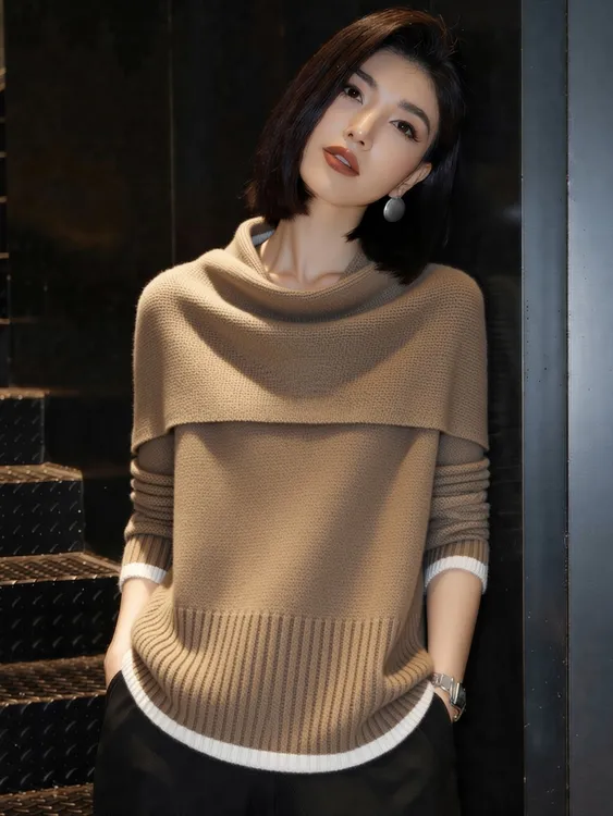 2025冬季新款女装气质简约设计感拼色长袖百搭高级感针织衫毛衣潮