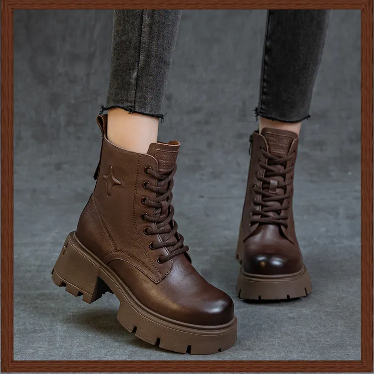 2025头层牛皮秋冬新款马丁靴女系带百搭时尚加绒厚底粗跟增高短靴