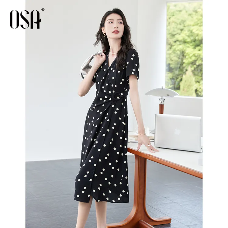 OSA/欧莎 法式复古波点连衣裙女夏季气质收腰显瘦裙子S125B13018