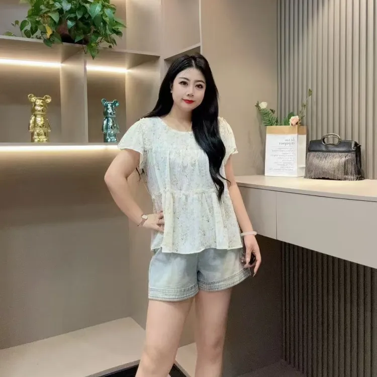 夏季半袖-甜 3920时尚潮流碎花菲边清新显瘦款胖MM大码女装新款