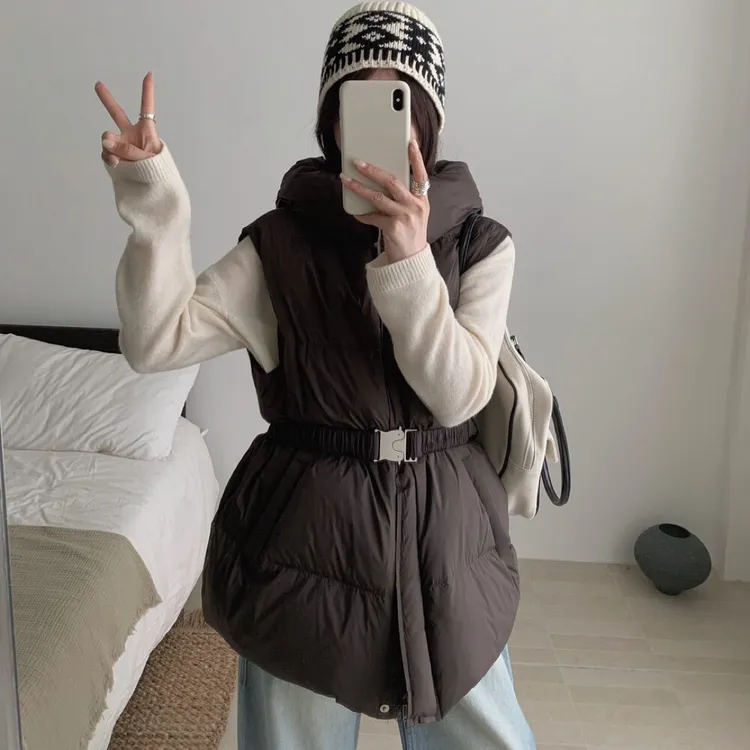 收腰气质款【BoBo】韩版连帽简约中长款马甲(配腰带) 
