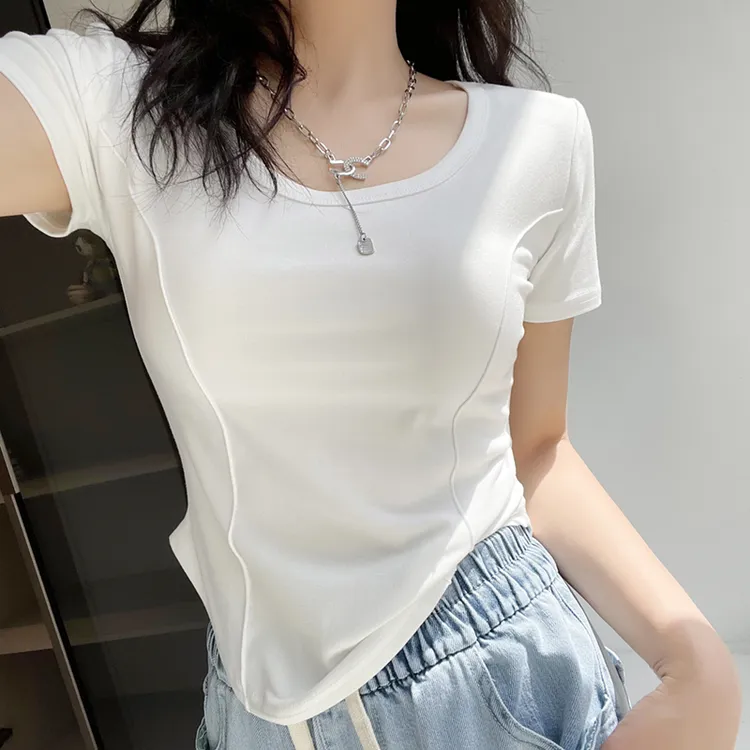 2025夏季新款正肩女t恤纯色短袖修身显瘦U领设计感小众百搭短上衣