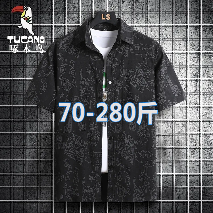 啄木鸟短袖衬衫男夏季潮流涂鸦印花翻领衬衣大码休闲时尚痞帅上衣