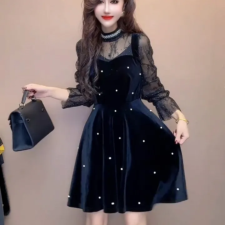 拼纱袖满天星钉珠领丝绒裙法式名媛时尚气质黑色显瘦裙子连衣裙