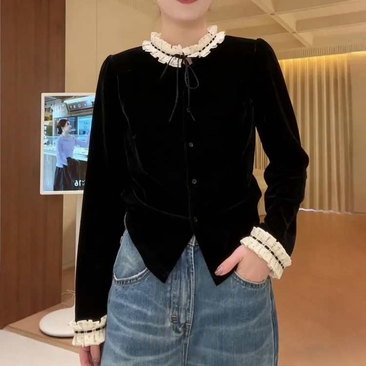 法式小资小上衣独特超好看洋气减龄轻奢高级感黑色内搭丝绒T恤女