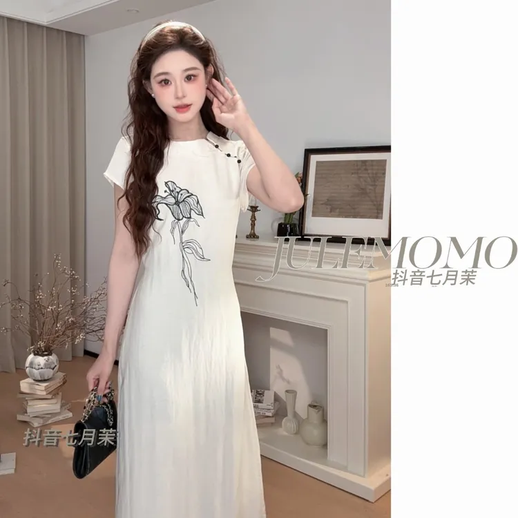 新中式国风印花改良旗袍连衣裙女夏简单大方得体气质收腰长裙