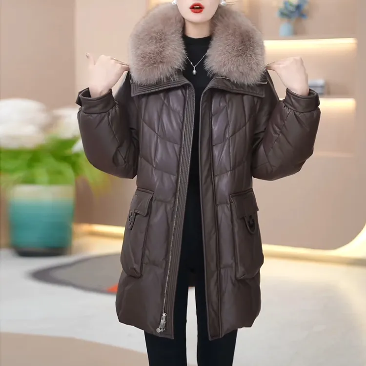 纯色毛领时尚中长款皮羽绒服女2025冬季新款加厚保暖百搭减龄大衣