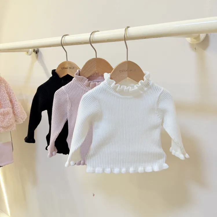 萱妈家-1188【木耳边针织打底】纯色百搭的打底白色荷花边中领秋冬