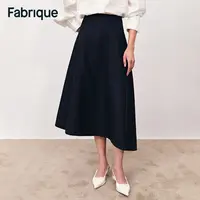 Fabrique Ilse 秋冬新品经典黑精纺绵羊毛立裁式不对称伞型半裙