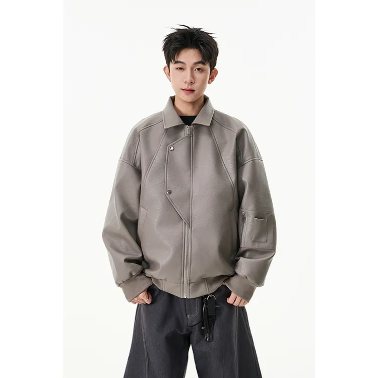 2025秋季新款翻领时尚简约皮夹克外套情侣装cleanfit短宽型夹克男