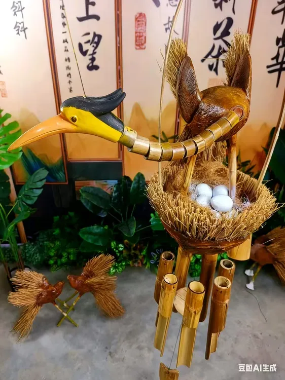 小鸟竹风铃，木头竹子椰壳丝纯手工制作，适应于庭院小景办公室玄关