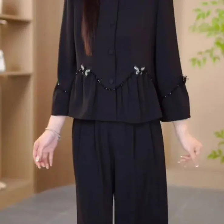 2025新款休闲女士套装气质喇叭袖开衫法式圆领黑色衬衫两件套女
