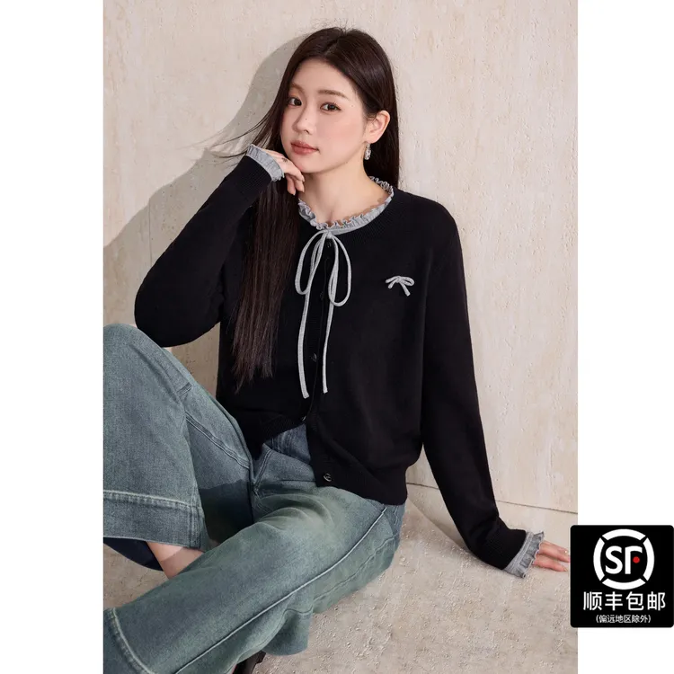 蓝语大码秋冬季u系蝴蝶结圆领毛衣女藏青色长袖针织打底衫两件套