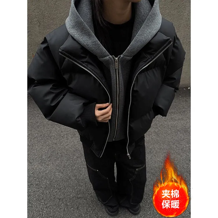 美拉德咖灰色pu皮假两件连帽棉服男秋冬加厚保暖短款立领棉衣外套