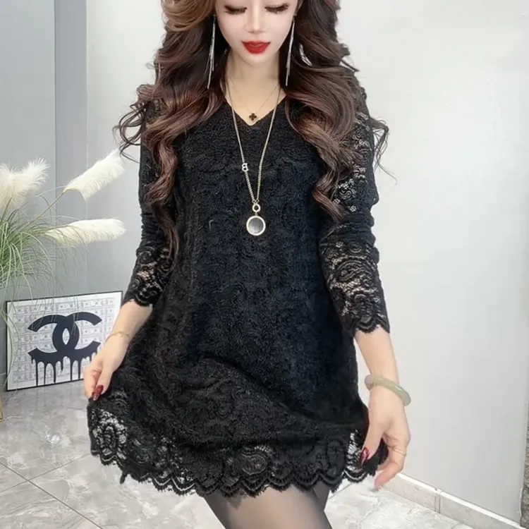 秋冬季时尚收腰显瘦丝绒提花蕾丝中长款连衣裙女