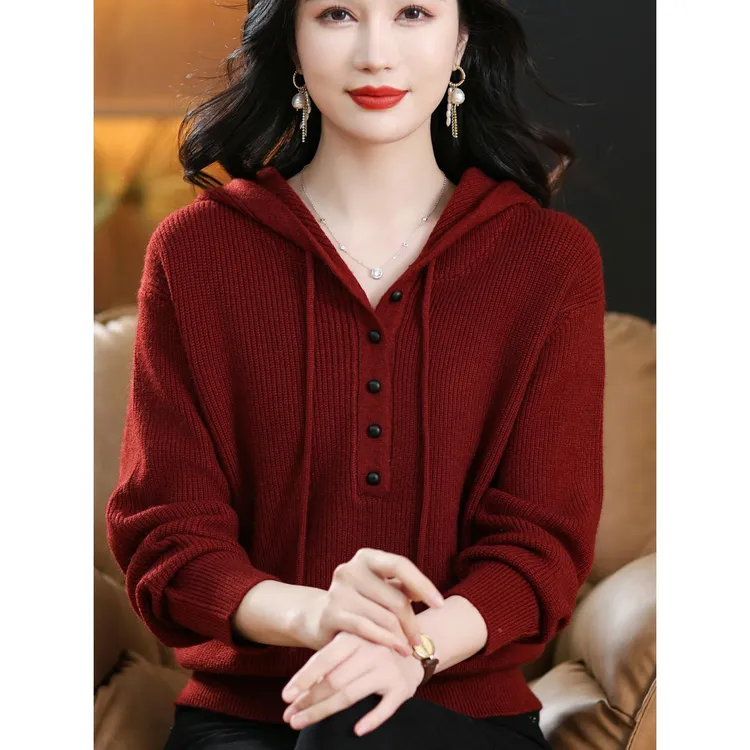 皮尔卡丹年轻妈妈秋装连帽针织卫衣秋冬新款宽松上衣女士带帽宽松