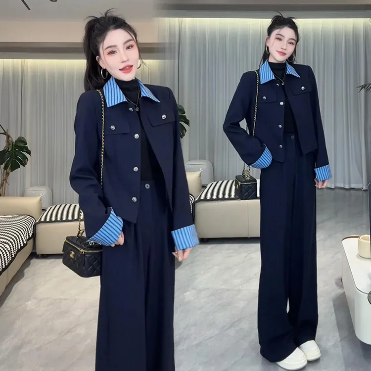 时尚套装女2025秋季新款宽松显瘦百搭休闲短外套直筒阔腿裤两件套
