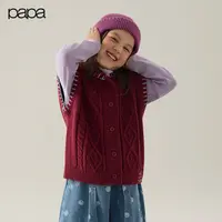 papa冬季儿童马甲男女童翻领毛织开襟马甲柔软舒适百搭