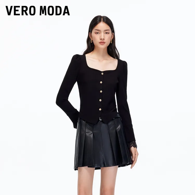 Vero ModaT恤女2026春季新款金属色纽扣袖口蕾丝上衣时尚洋气百搭