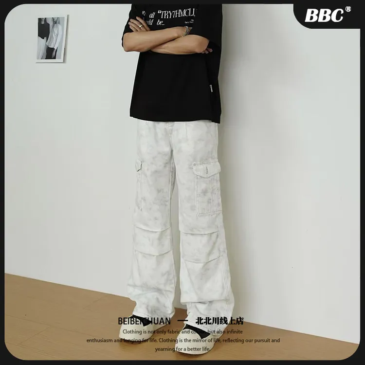 BBC【褶皱伞兵工装裤】美式复古宽松休闲水洗做旧扎染直筒牛仔裤