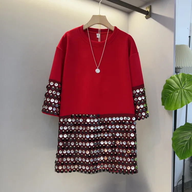 春季新款时尚韩版重工拼接亮片圆领大衫