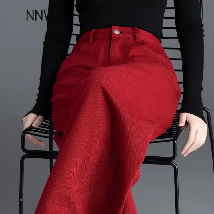 安可拉红阔腿牛仔裤女2025秋冬新款窄版高腰时尚显瘦宽松直筒裤子