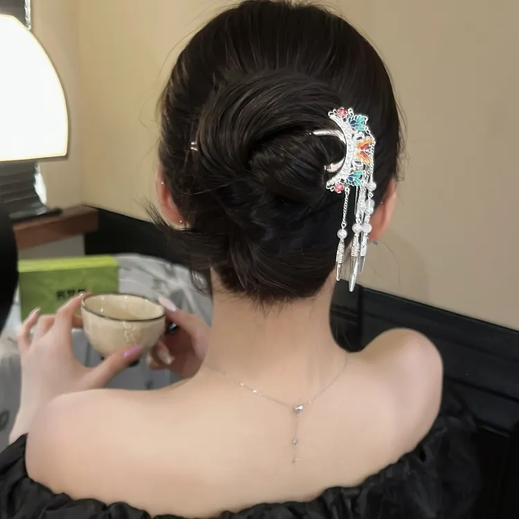新中式珐琅彩蝴蝶流苏U型簪精致高级感发钗插针发饰