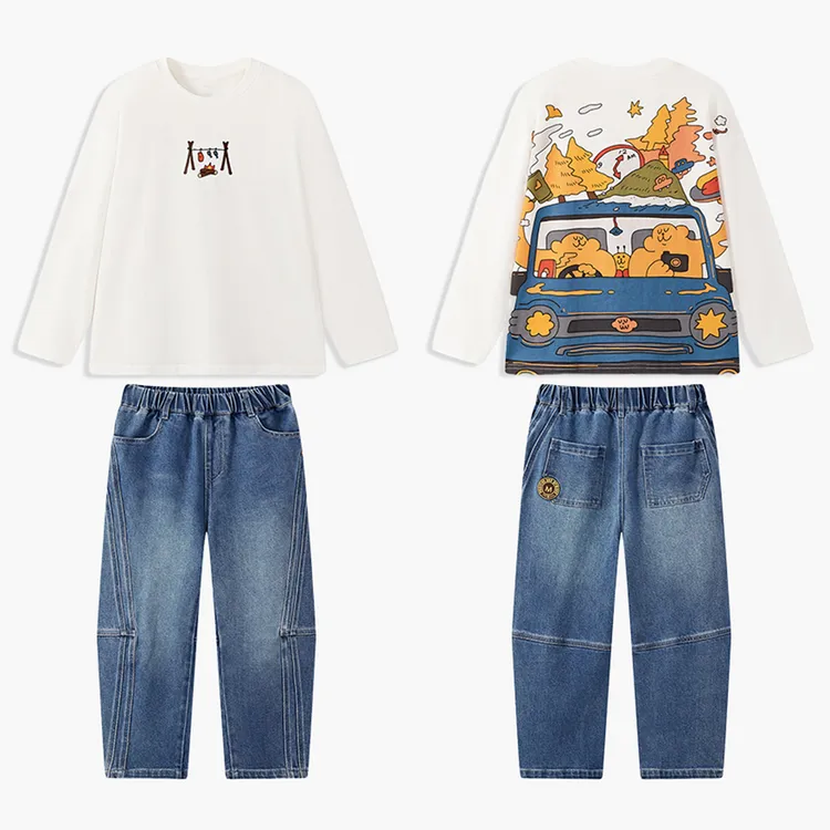 MQD男童25秋新款宽松休闲长袖学院风趣味字母T恤套装TCW0367B