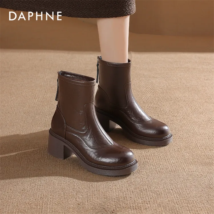 Daphne/达芙妮高跟短靴女时尚加绒靴子2025年冬季新款粗跟瘦瘦靴