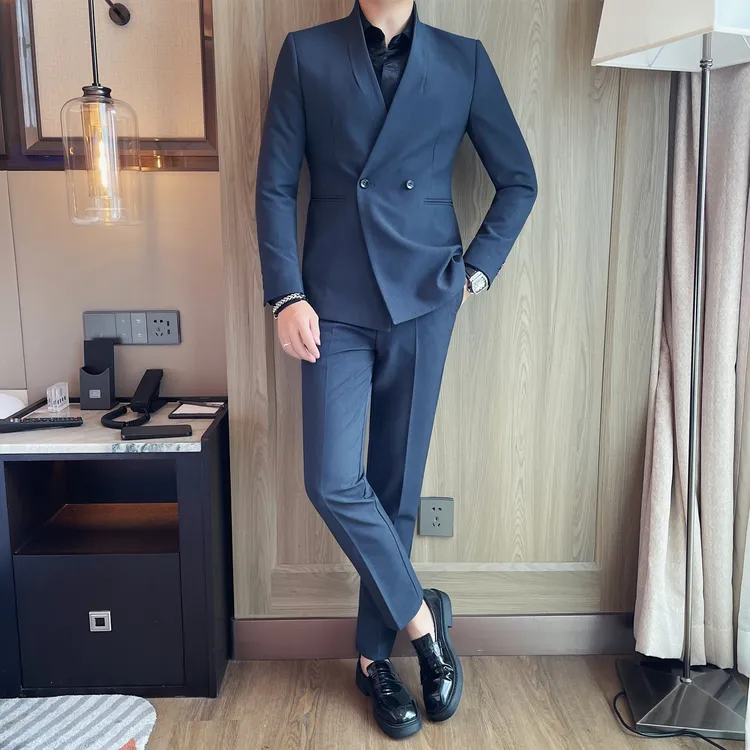 双排扣青果领西服套装男士商务休闲高级感新郞结婚礼服西装两件套