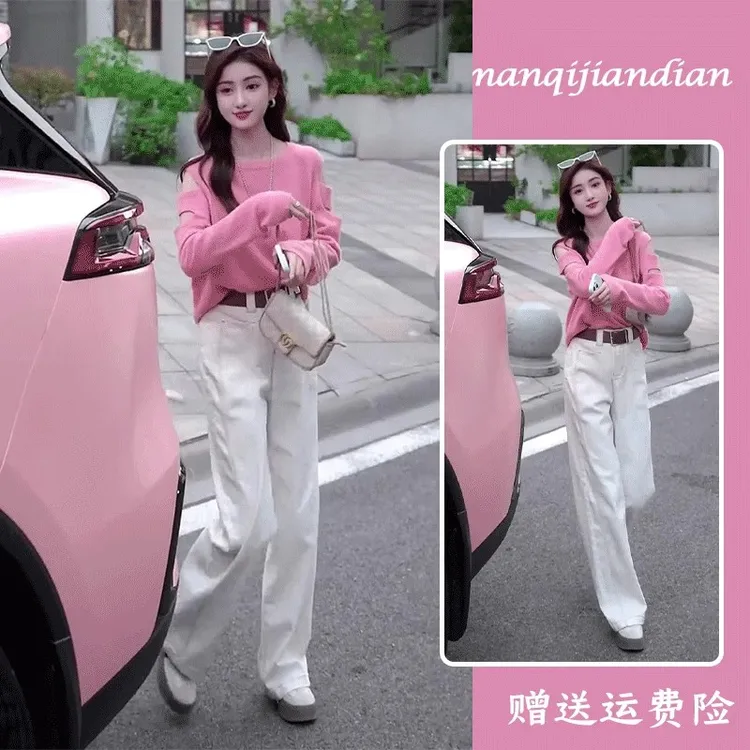 2025春季新款韩版时尚气质减龄休闲宽松显瘦针织毛衣牛仔裤套装女