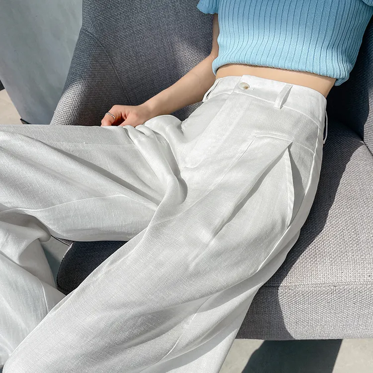 白色亚麻阔腿裤女秋季2025新款今年流行的梧桐裤棉麻西装裤子