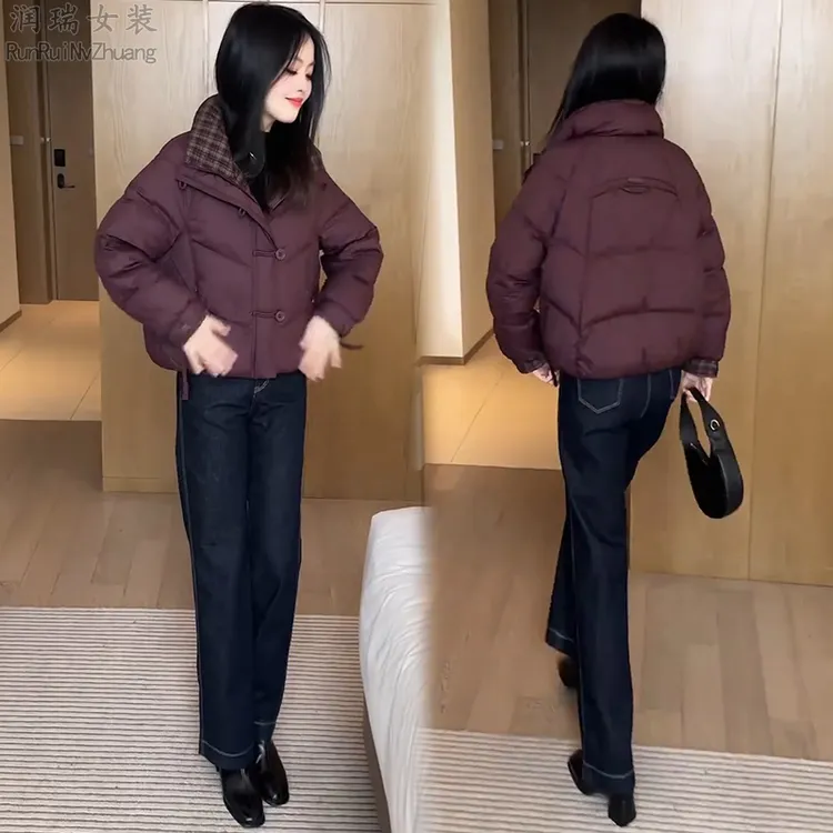 格子拼接厚款立领棉服女2025冬季新款小个子宽松短款保暖棉袄棉衣