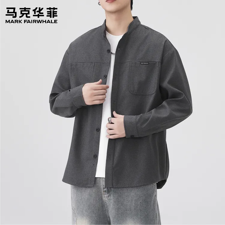 马克华菲老钱风国潮衬衫男秋季潮牌中国风灰色宽松休闲小立领衬衣