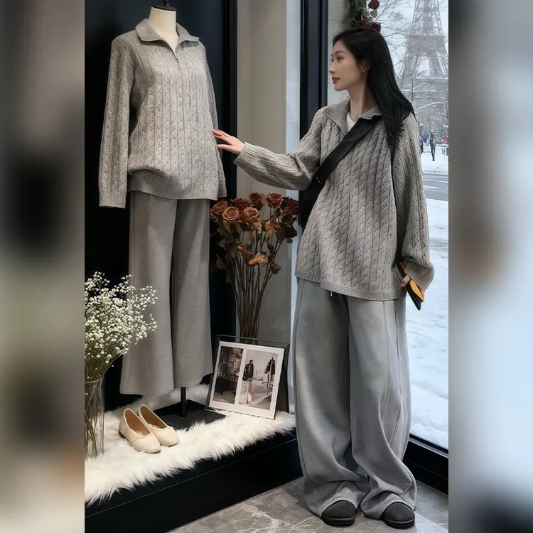 春季高级感灰色针织衫阔腿裤时尚套装女2025年显瘦百搭小众两件套