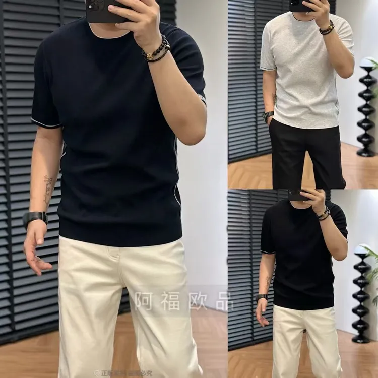 【阿福欧品】男士净奢百搭爱*仕撞色边针织短袖T恤半袖打底衫上衣