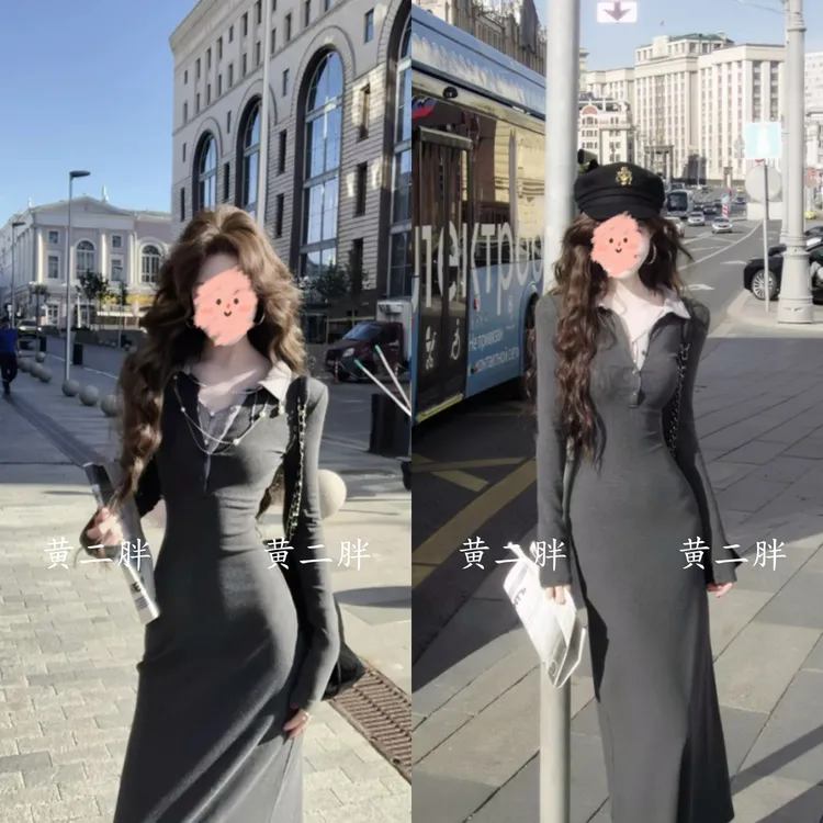 秋季撞色翻领假两件连衣裙女韩版纯欲风修身显瘦包臀裙长袖针织裙
