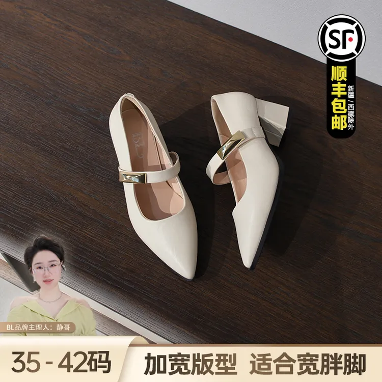 BL静哥加宽大码女鞋一脚蹬尖头粗跟玛丽珍鞋浅口一字带法式A51026