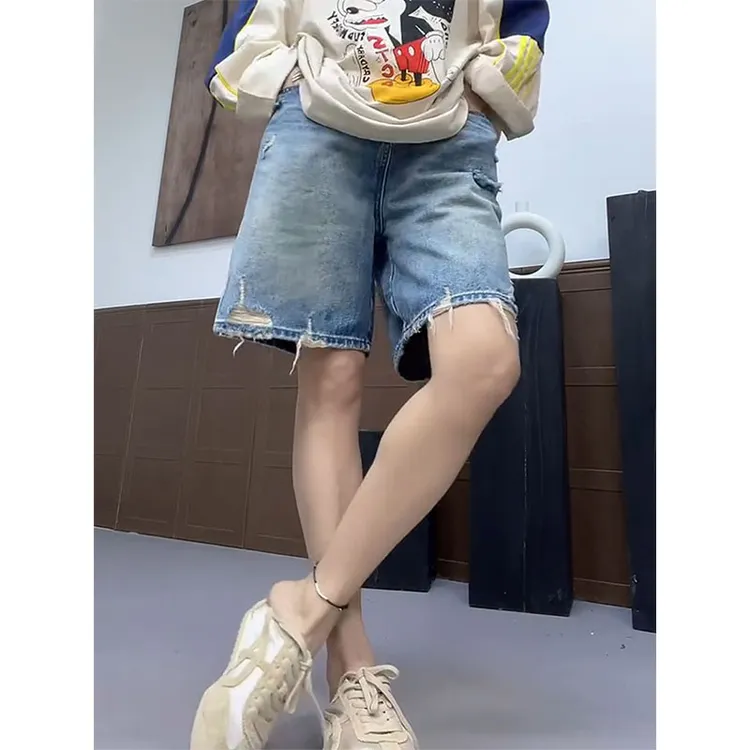 夏季薄款大码高腰宽松直筒五分休闲短裤舒适简约显瘦韩版牛仔短裤