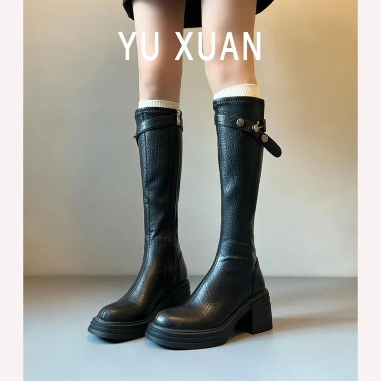 牛皮版~真皮复古金属扣厚底不过膝长筒靴女粗跟高筒瘦瘦靴骑士靴