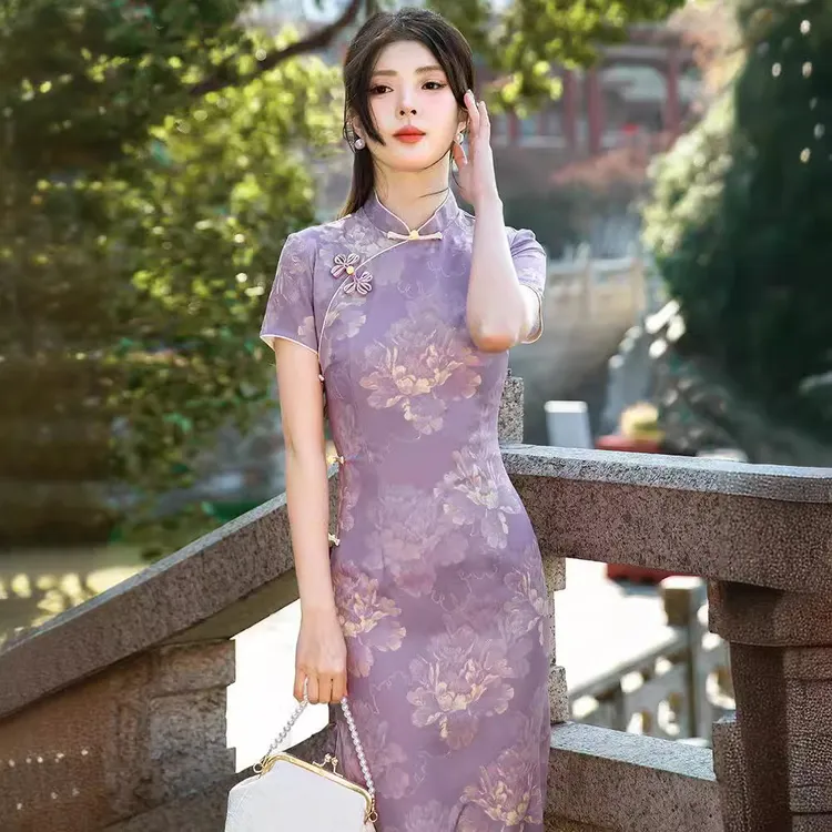 夏季旗袍新款2024新款复古高端气质少女新中式改良年轻款日常紫色