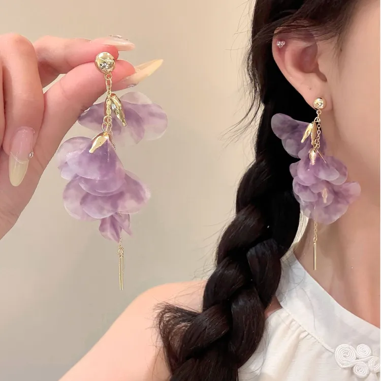 铜合金布艺耳饰 海边度假风紫色花朵流苏耳环女夏天高级感耳坠
