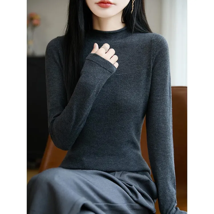 杜拉妮卷边半高领针织打底衫女2025新款秋冬修身显瘦内搭毛衣长袖