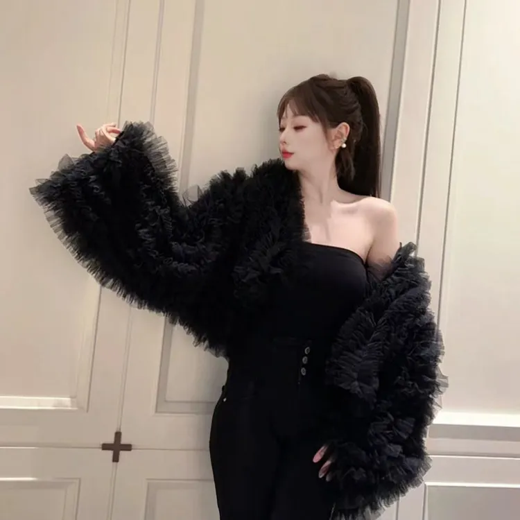 0087【熙妮潮拼】泰潮气质四季轻奢韩式小香风网红黑色纱纱短款外套