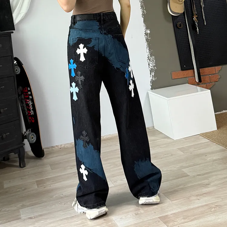 美式高街贴皮刺绣牛仔裤男宽松直筒阔腿裤潮牌痞帅炸街长裤2025秋