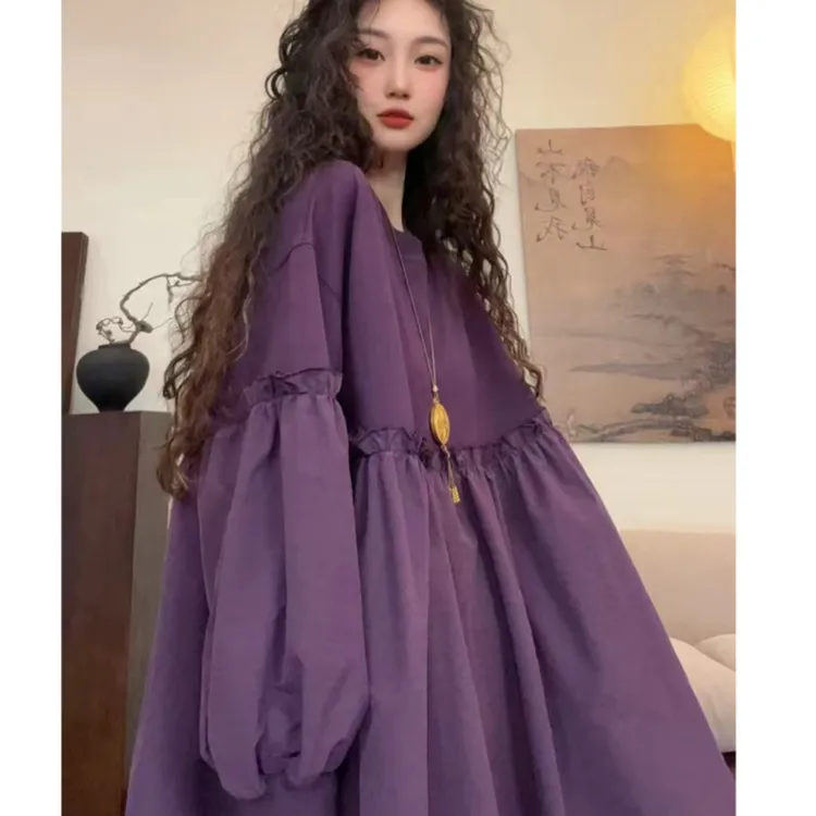 秋季新款复古洋气减龄宽松拼接木耳边气质纯色休闲秋款圆领上衣女