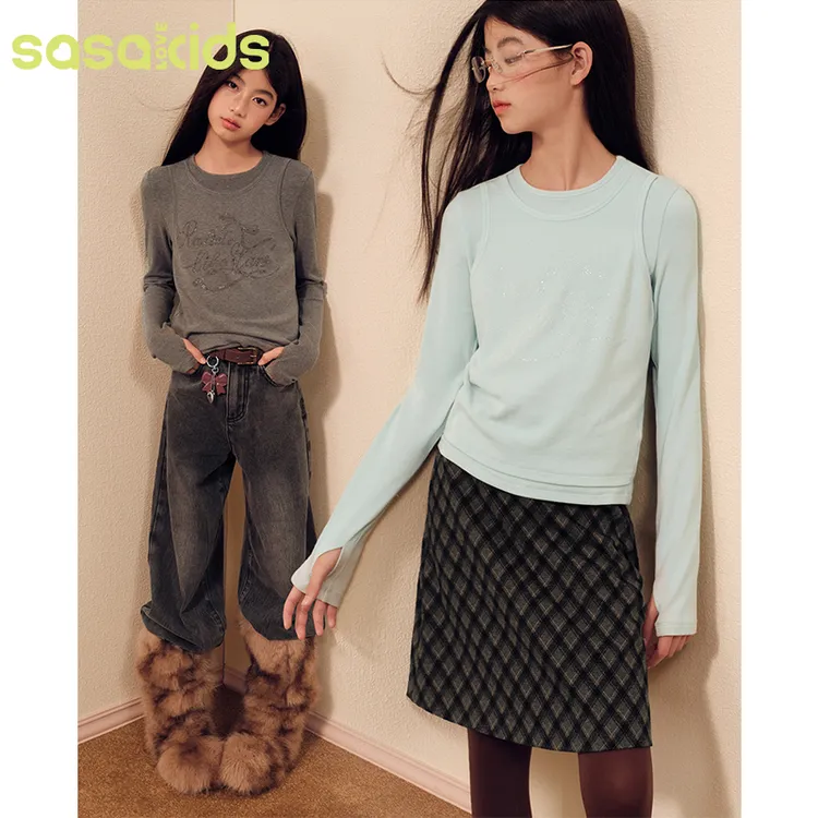 sasakids时髦假两件层次感套头圆领叠穿T恤百搭休闲修身款女童