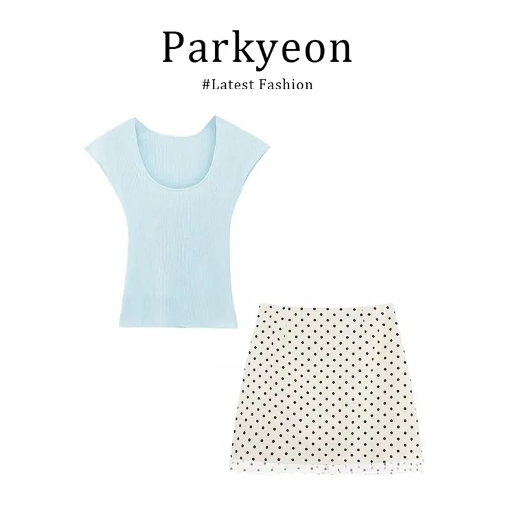 parkyeon韩系温柔穿搭U领修身针织上衣波点设计感包臀半身裙套装