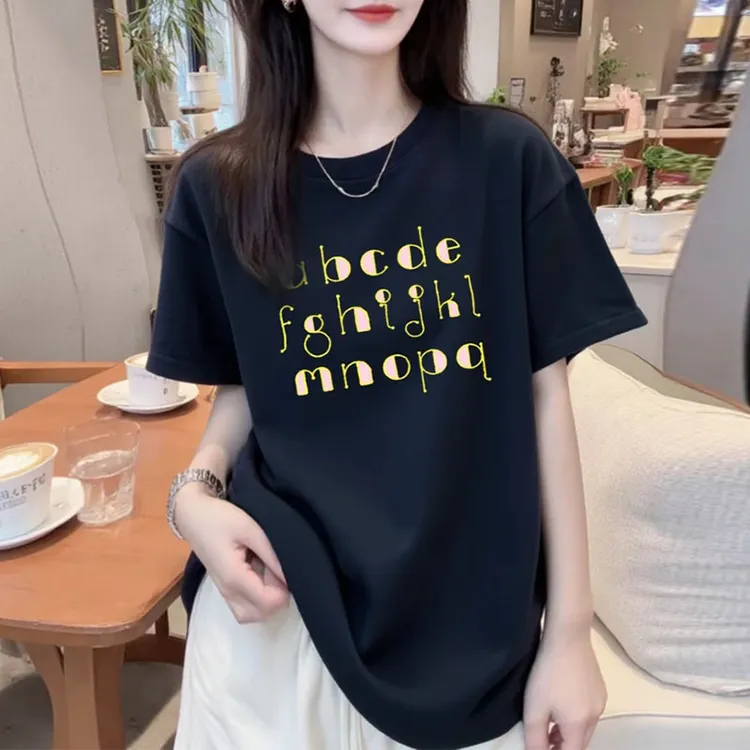 韩系圆领字母印花短袖T恤女夏季新款简约百搭宽松显瘦上衣小衫潮